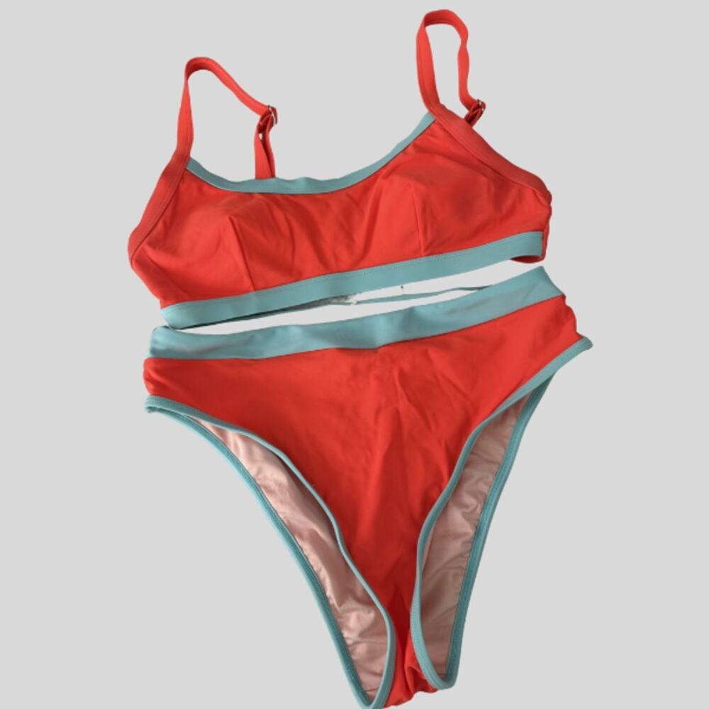 Coral Orange Bikini Set Teal Trim Adjustable Straps High Waist Size Medium